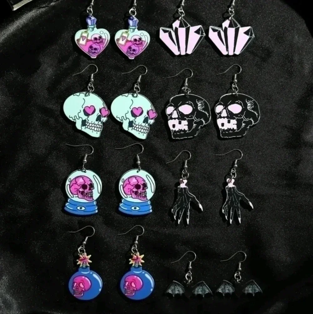 8 set skull Gothic vintage earrings jewelry silver dangle charm purple pastel